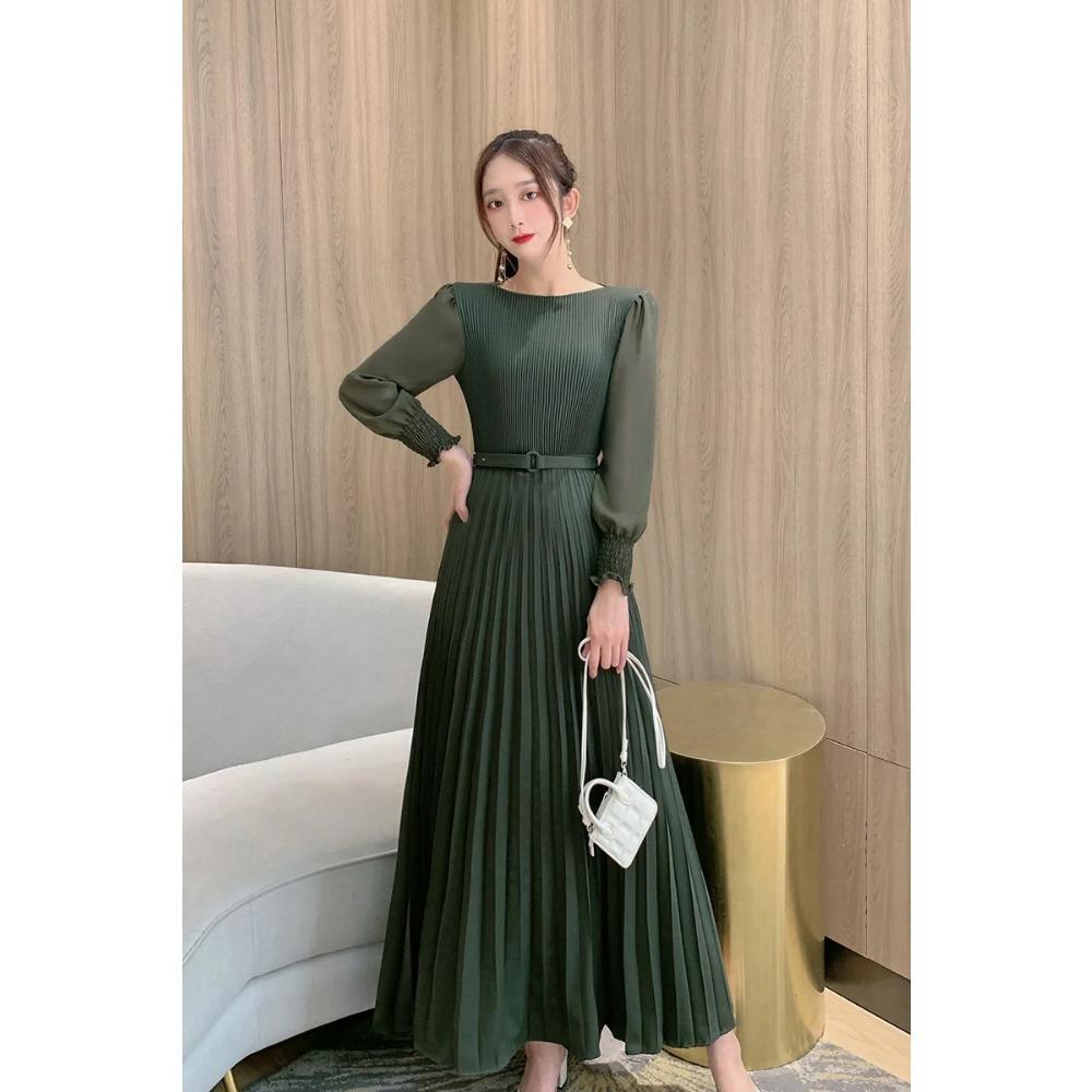 Women Slim Pleated Maxi Dress with Belt Female Streetwear Vintage Dress Tie Front Dress  Robe