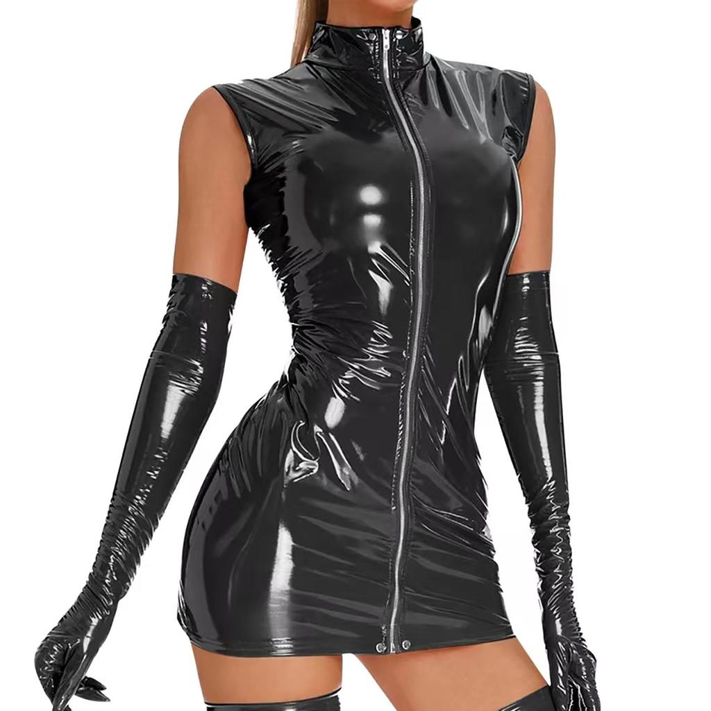 Joom Area Hot Women's Sexy Shiny Leather Dress Porn Zipper Crotch Latex Sheath Wrap Dress Sexy Bottom Erotic Breast Exposure Sexi