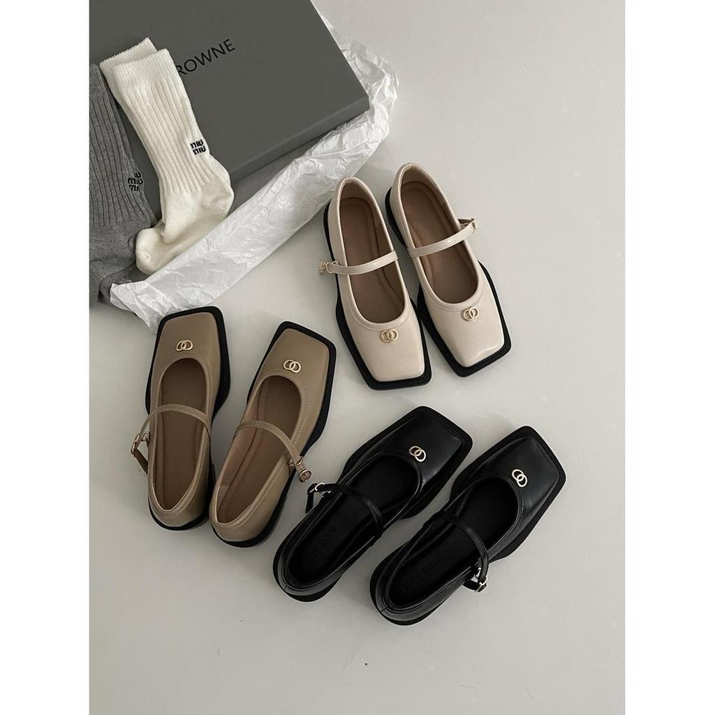 French retro shallow mouth square head Mary Jane small leather shoes women's shoes 2025 new high-end casual flat shoes