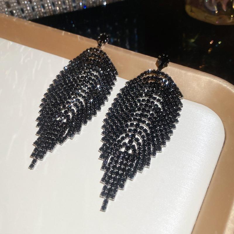 Silver Needle Diamond Leaf Tassel Earrings Luxury Exaggeration Heavy Industry Earrings Design Sense Niche Earrings Women