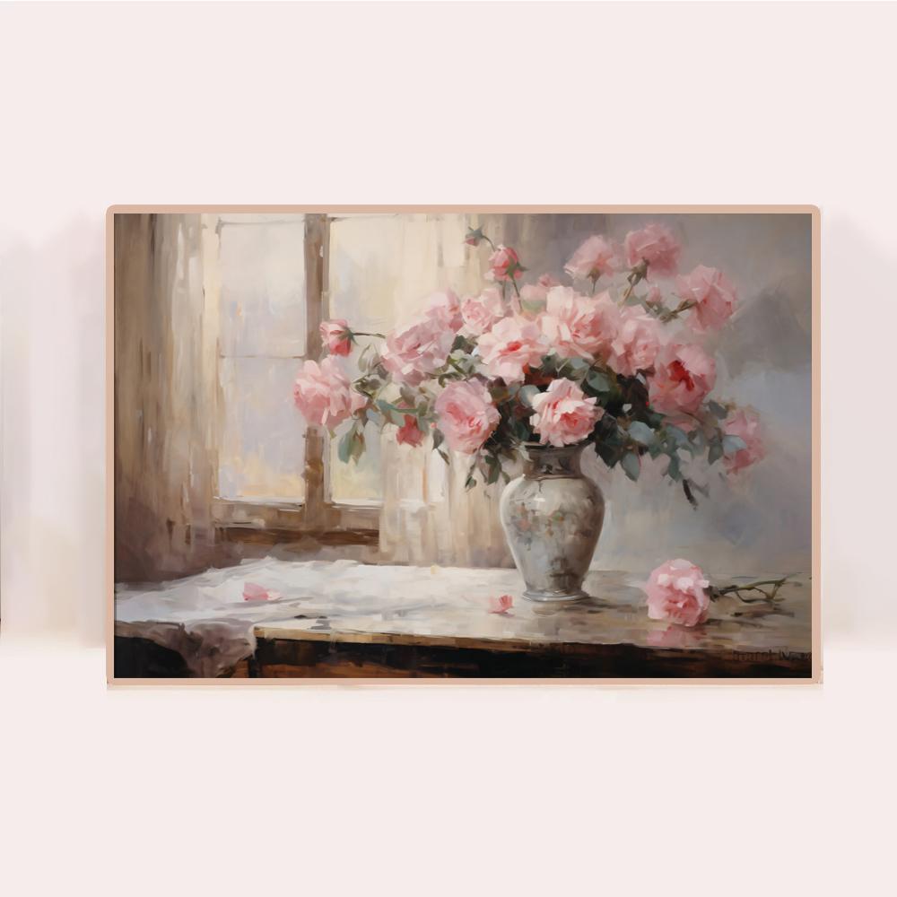 Dipinto ad olio vintage di fiori Rosa rosa vaso finestra vicino al fiume poster pittura su tela arte da parete immagini arredamento per la casa