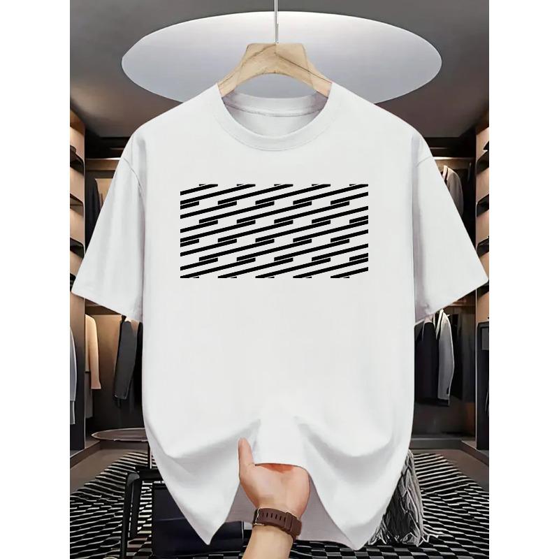 

European sizes Men S Casual Summer Graphic T-Shirt - Short Sleeve Crew Neck with Bold Black Stripe Print, Summer Casual Wear 4XL білий