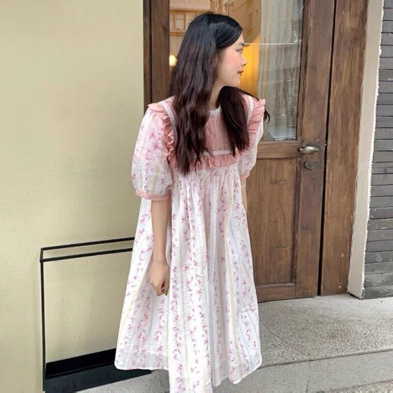 Dress Women A-line Lovely Girls Causal Students All-match Girlish Puff Sleeve Patchwork Sweet Female Design O-neck Ulzzang Chic