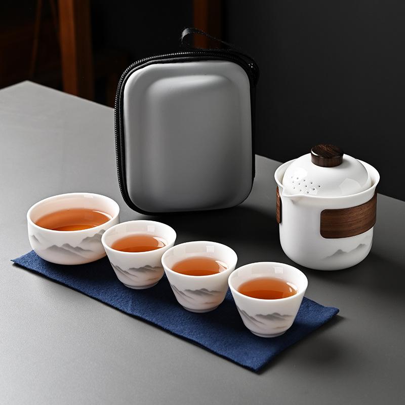 Suet jade Dehua white porcelain outdoor portable travel tea set business gift matching gift printing express cup