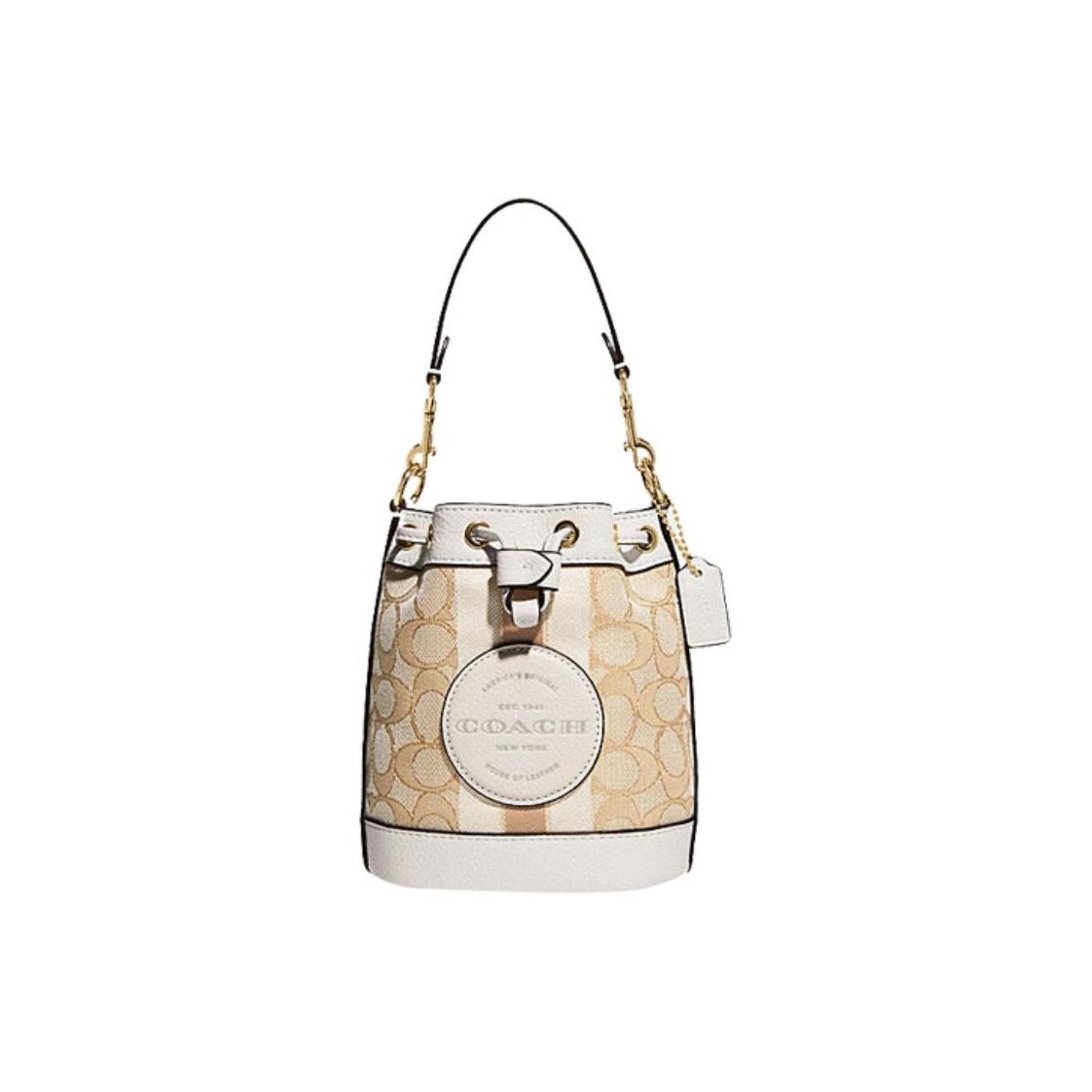 Coach Dempsey 14 Classic Stripe Logo Decor Fabric And Leather Bucket Bag Women Handbags Gold Light-Khaki Chalk C8322-IMDQC Basic Set (Bag+Dust Bag)