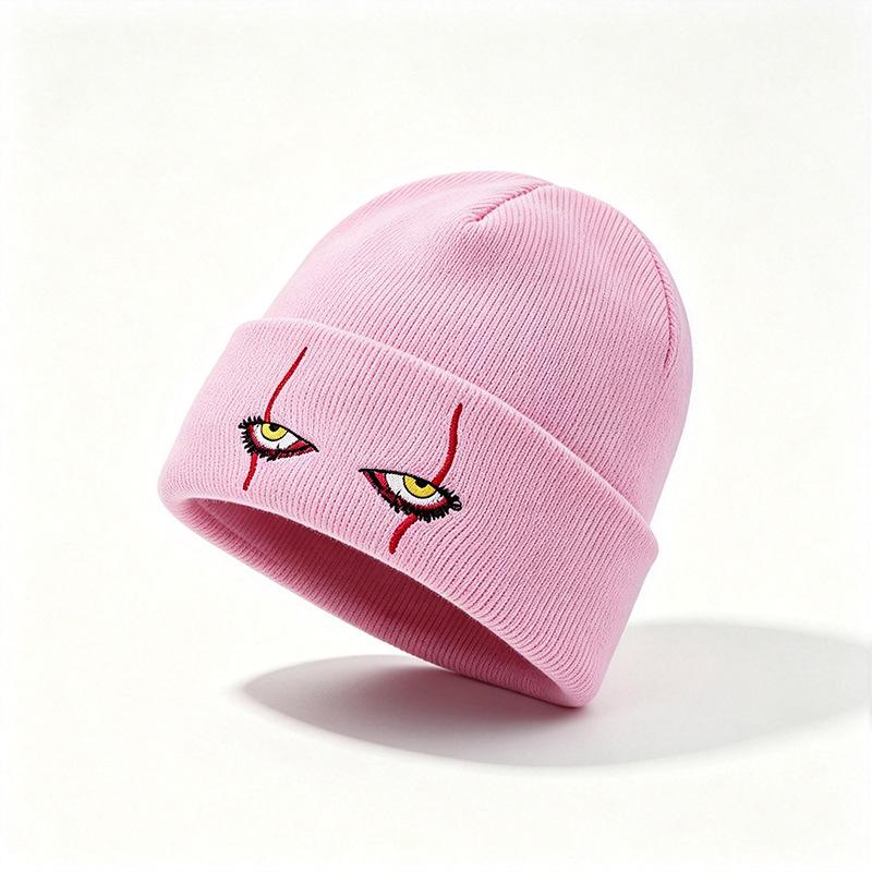 Women S Anime Eye Embroidered Folded Edge Knit Beanie Street Style Warm Winter Hat