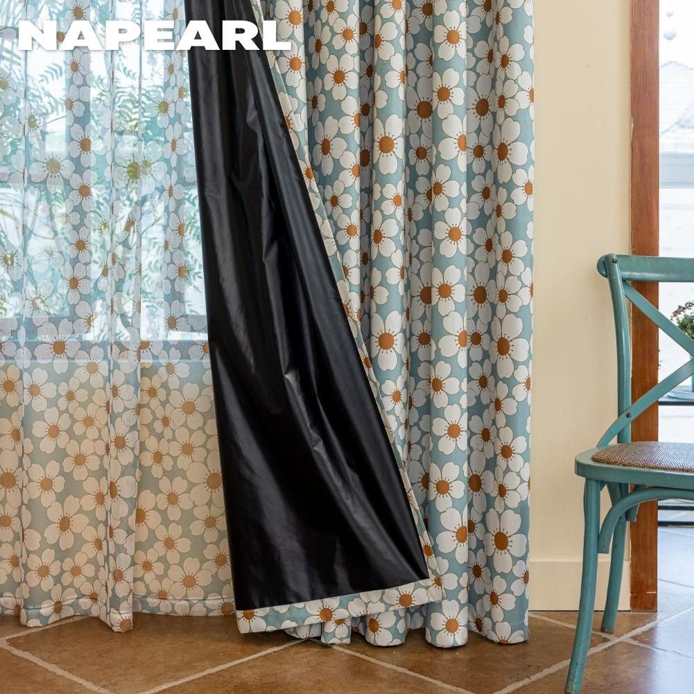 1 Stück NAPEARL Vorhänge im europäischen Landhausstil mit frischem Gänseblümchenmuster, Vollverdunkelungsvorhänge für Schlafzimmer, Wohnzimmer, Balkonfenster zur Heimdekoration