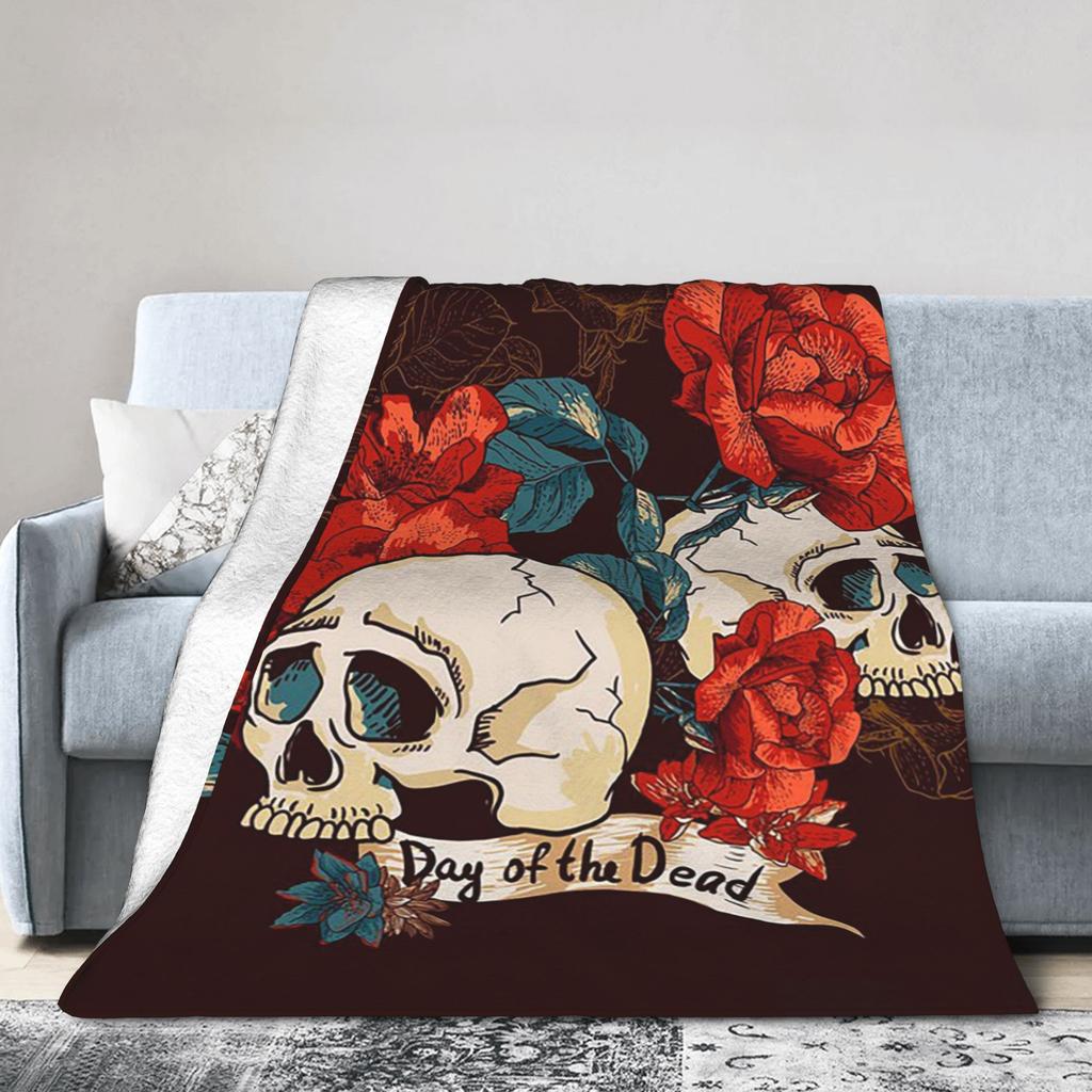 Flower Skull Horror Blanket Flannel Spring Autumn Day of The Death Multi-function Soft Throw Blankets for Bed Office Rug Piece