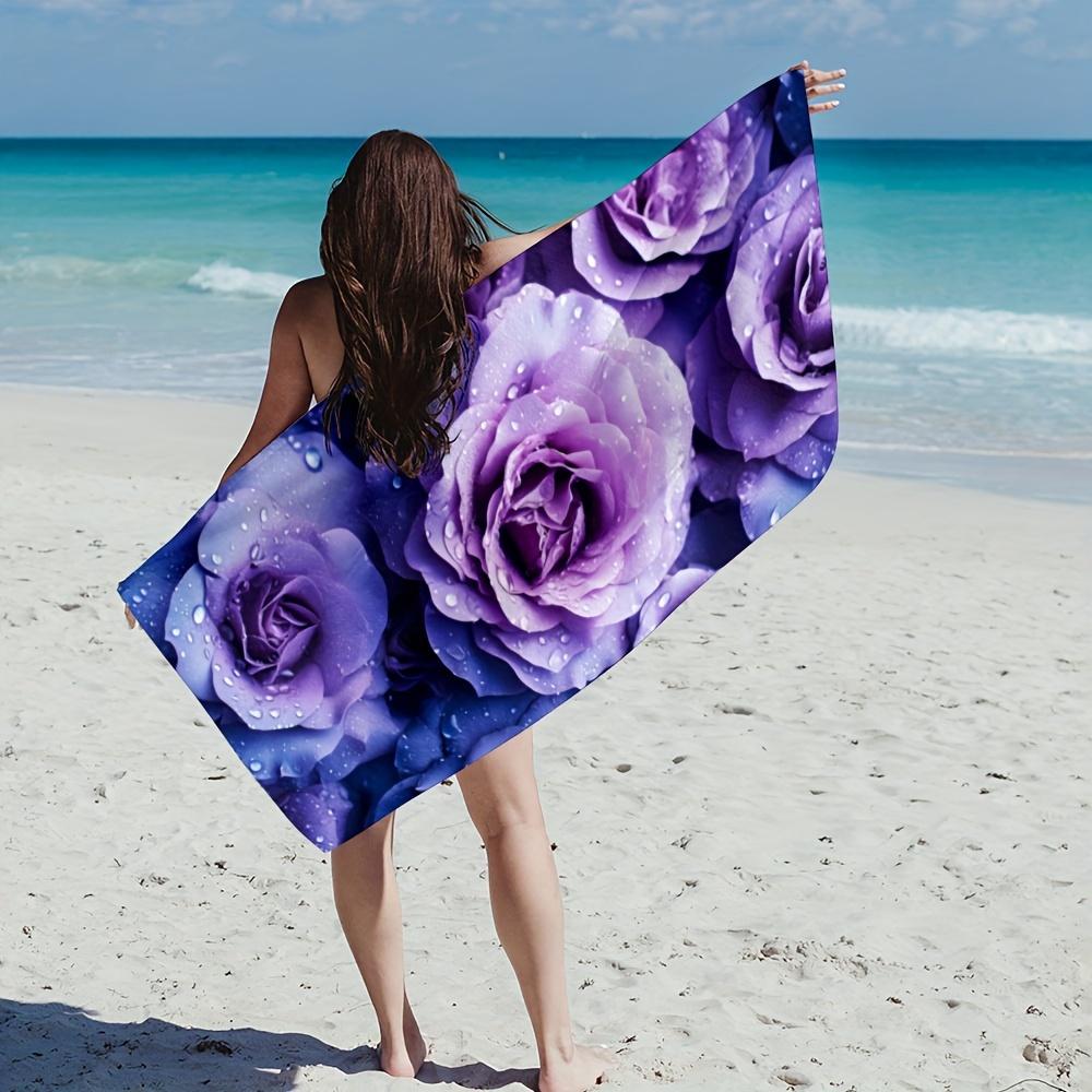 Purple Rose Water Drop Print Beach Towel Quick Dry Microfiber Sand Free Absorbent Washable for Pool Travel Summer