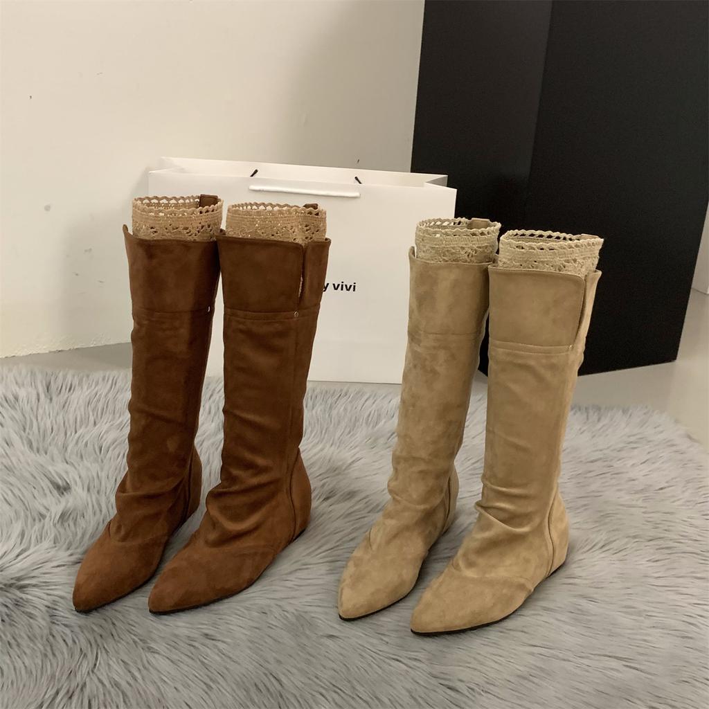 Inner Heightening Pointed Lace Pile Boots Boots Women's Boots 2025 Fall/Winter Suede Brown Maillard Boots