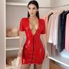 2025 Colorful PU Leather Deep V-Neck Short Dress with Zipper