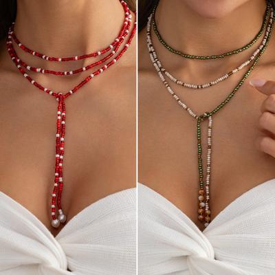 Bohemian Mixed Color Beaded Layered Necklace for Women Pearl Tassel Long Lariat Y-Shaped Choker Beach Vacation Party Jewelry