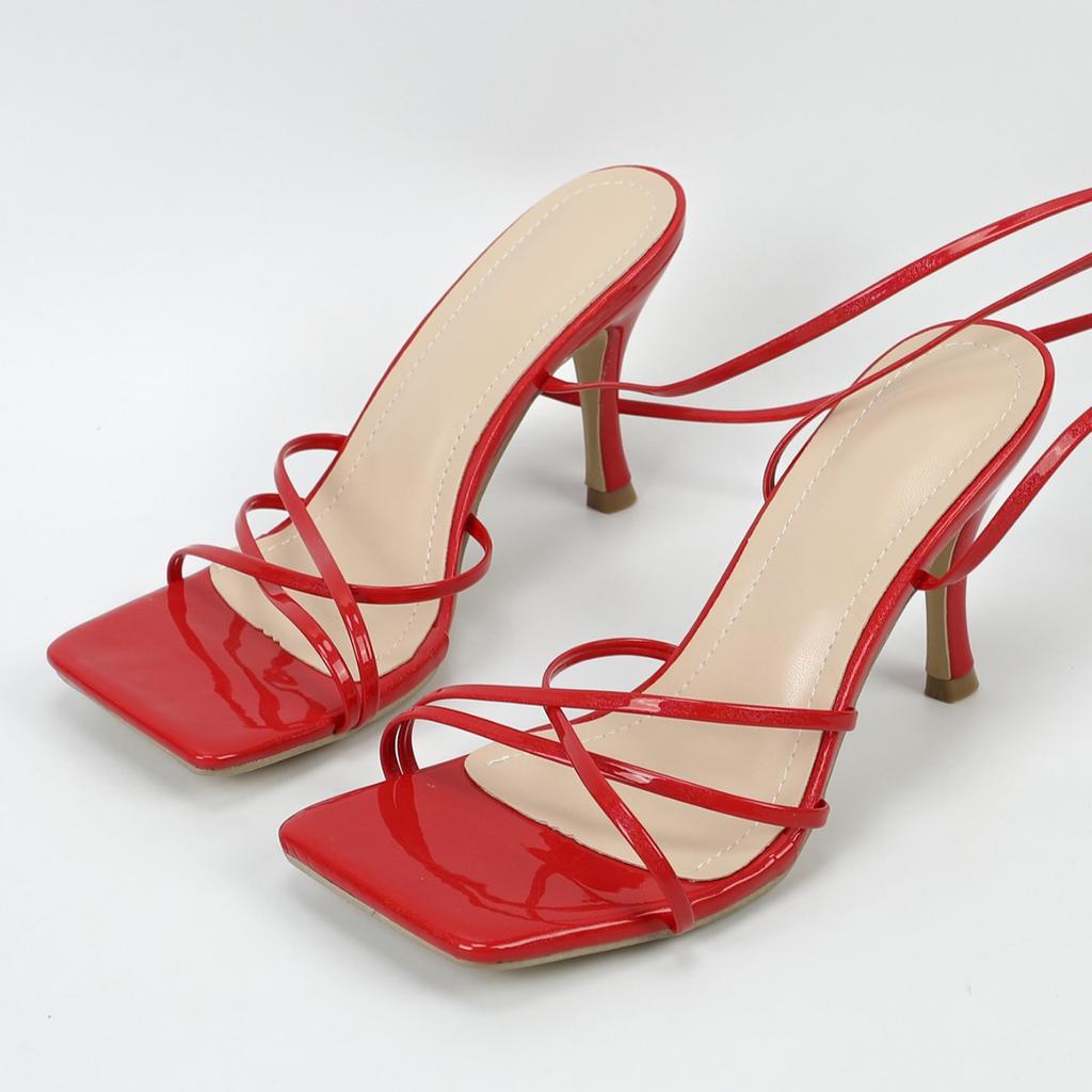 Womens Square Open Toe Sandals Strappy Stiletto Heels Lace Up Heels Tie Up High Kitten Heeled Sandals for Wedding for Women Summer Slip on Dress Shoes