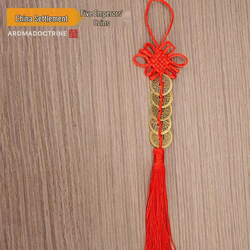Brass Gourd Five Emperors Copper Coins Cinnabar Knot Pendant for Entrance, Bedroom, and Kitchen
