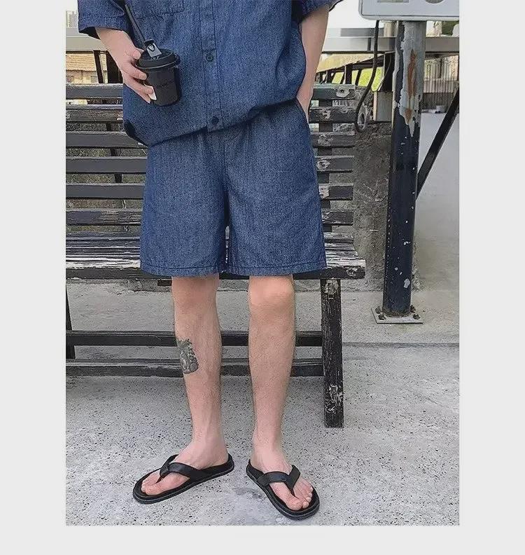 2023 Summer Men's Wash Denim Two-Piece Suit: Short-Sleeved Shirt & Half Pants Casual Set