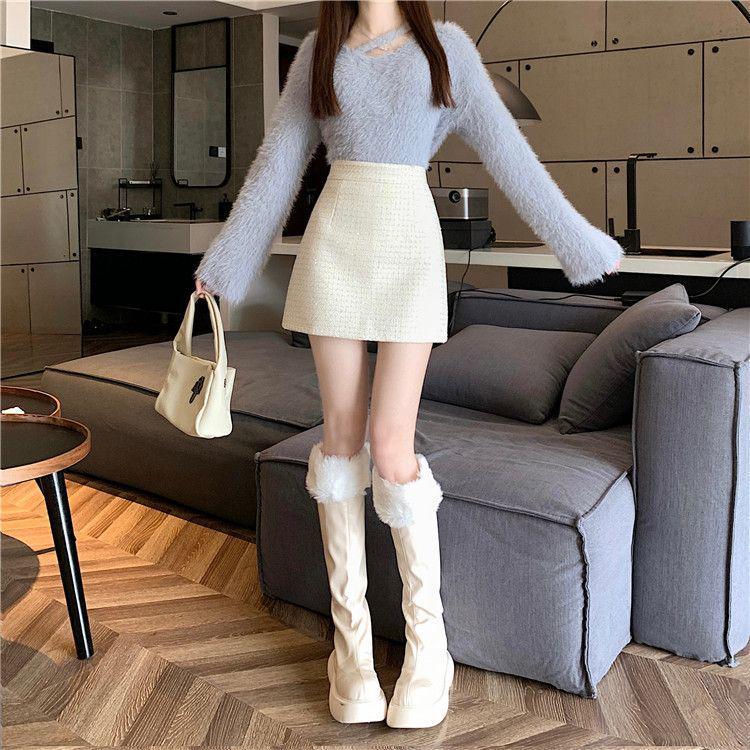 Elegant Autumn & Winter Tweed Petite High-Waisted A-Line Skirt - Lurex Fragrance Style, Hip-Hugging & Anti-Exposure Design