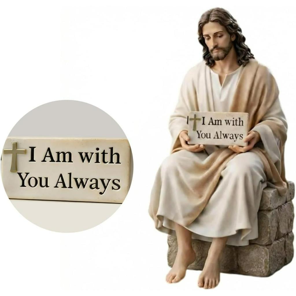Jesus Resin Figurine,I Am with You Always Jesus Statue, Handmade Sitting Religious Decorative,Easter Car Dashboard Home Office Table Decor