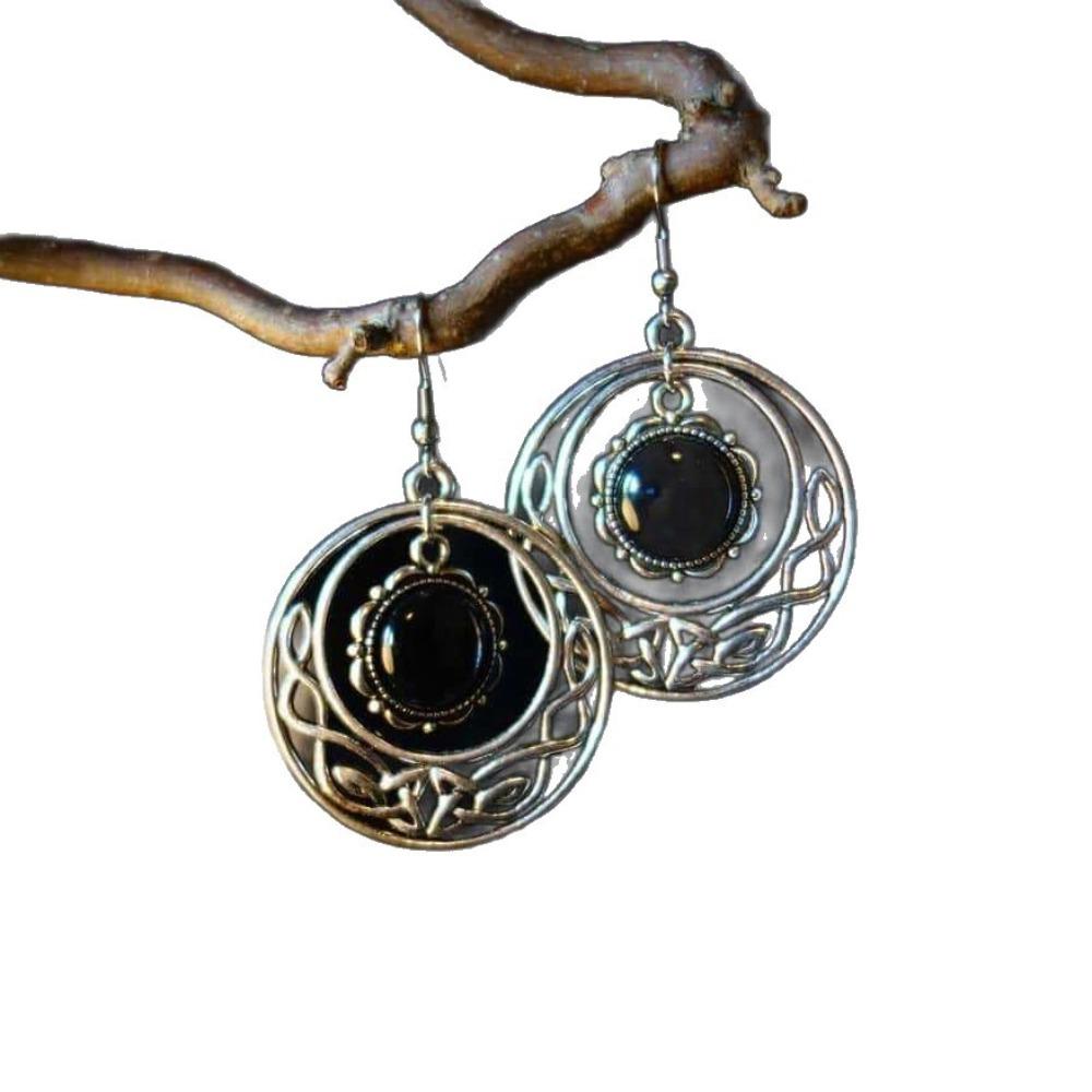 Gothic Victorian Silver Color Celtic Knot Black Agate Pendant Dangle Earrings for Women Halloween Pagan Witchcraft Jewelry Gifts