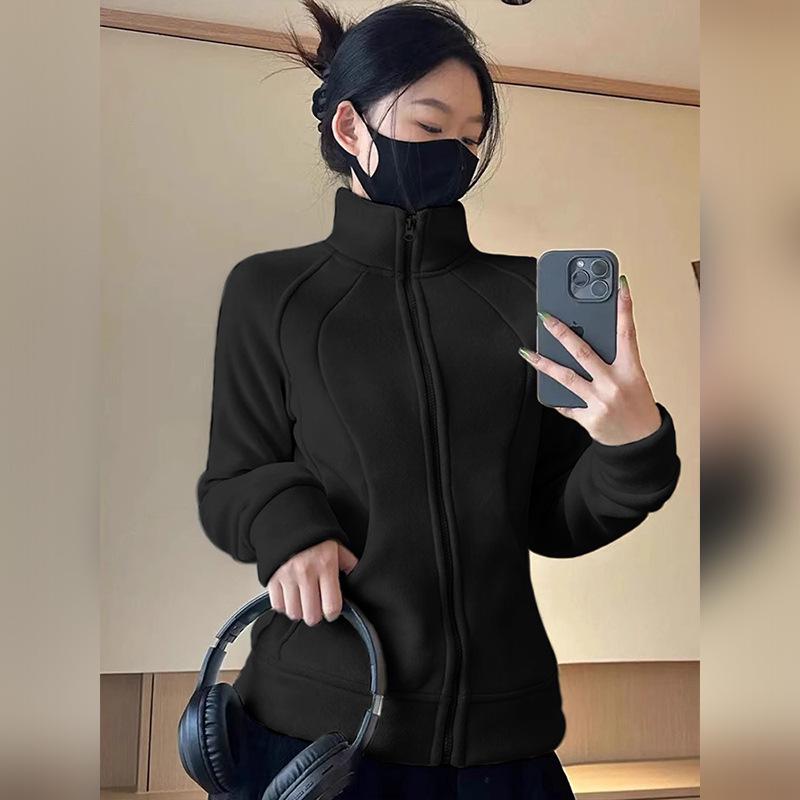 Damen Schwarze Fleecegefütterte Slim Fit Windjacke, Herbst/Winter 2025, Stehkragen, Normale Schulter.