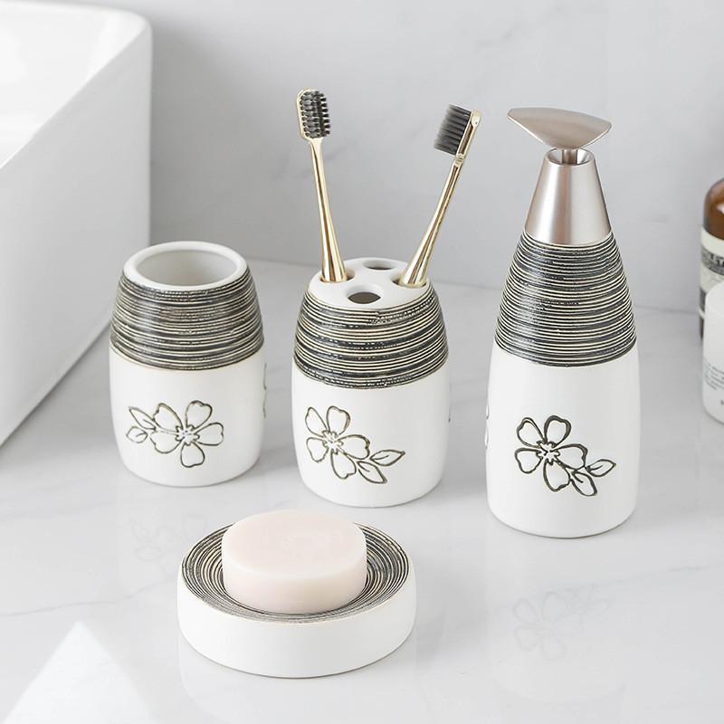 Printed Toiletry Flower Separate Bottle Bathroom Lotion Soap Dish 4pcs Sets