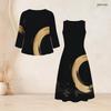 Women Plus Size Black Gold Printed Two Piece Set Bow Tie Neck Three Quarter Sleeve Cardigan Sleeveless Long Dress