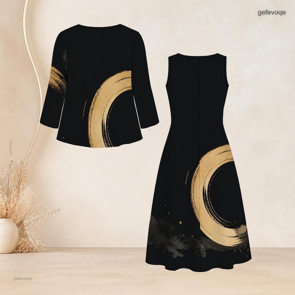 Women Plus Size Black Gold Printed Two Piece Set Bow Tie Neck Three Quarter Sleeve Cardigan Sleeveless Long Dress