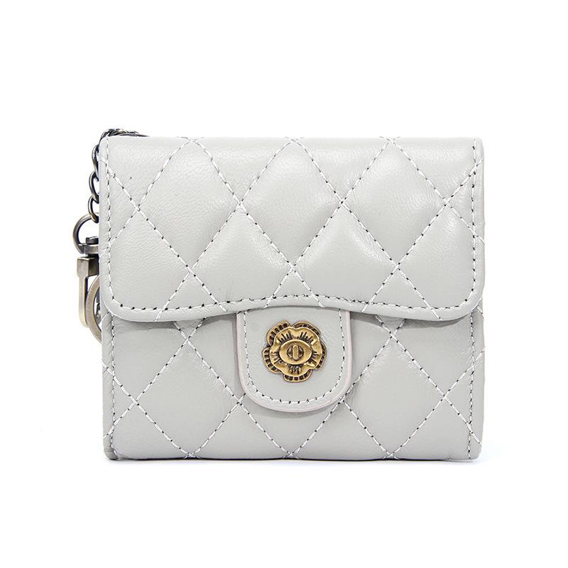 Women's Genuine Lambskin Camellia Coin Purse: Diamond Stitch, Multi-Card Slots, Small Retro Wallet