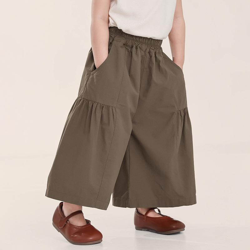 Kids Girls Summer Solid Thin Mid Waist Wide Leg Cropped Pants 90cm