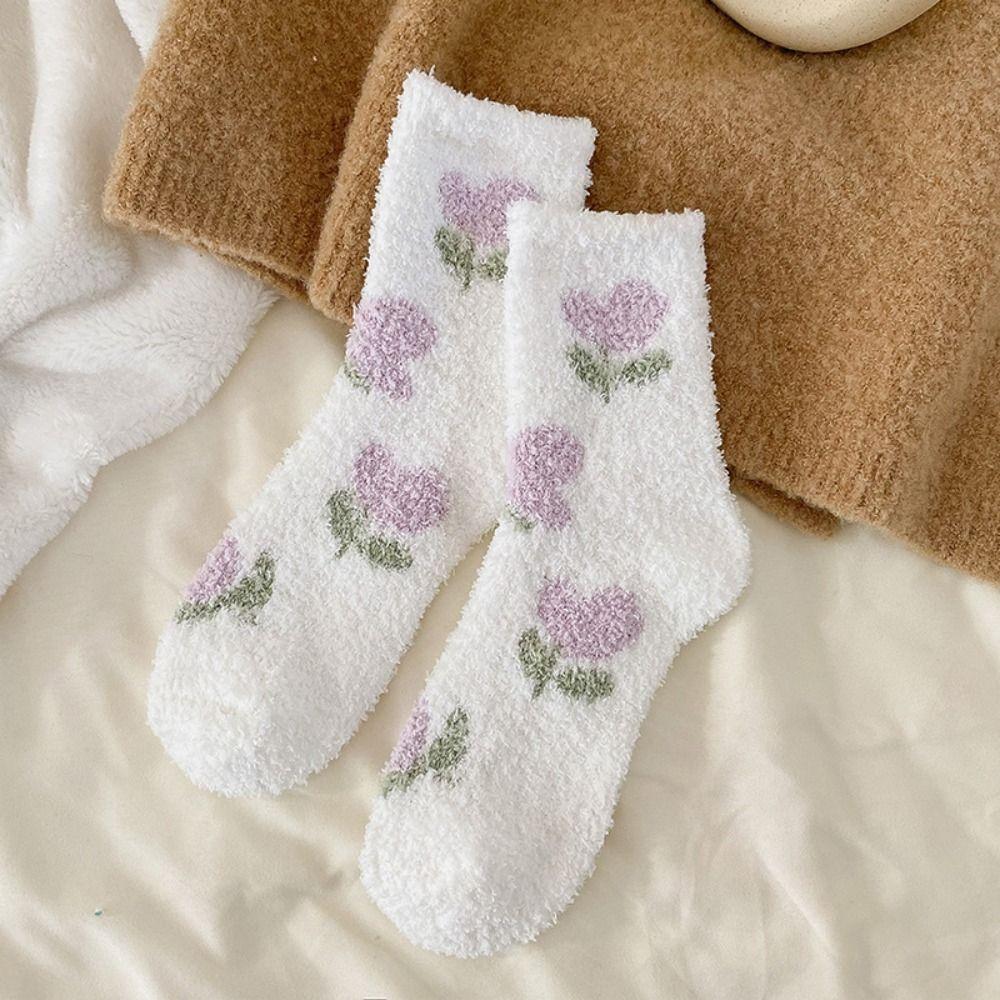 Flower Strawberry Coral Fleece Socks Winter Warm Socks Women Soft Floor Plush Socks  Winter