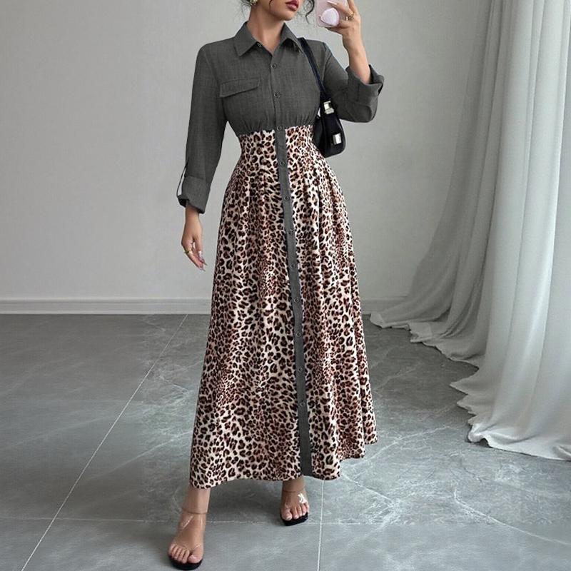 

ZANZEA Женское повседневное платье с длинным рукавом и леопардовым принтом в стиле пэчворк 5XL темно-серого