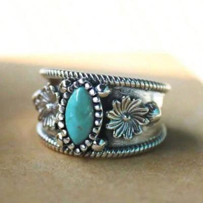 Bohemian Retro Carved Pattern Imitation Turquoise Wide Face Ring, Women's Personalized Trendy Ethnic Style Holiday Accessory