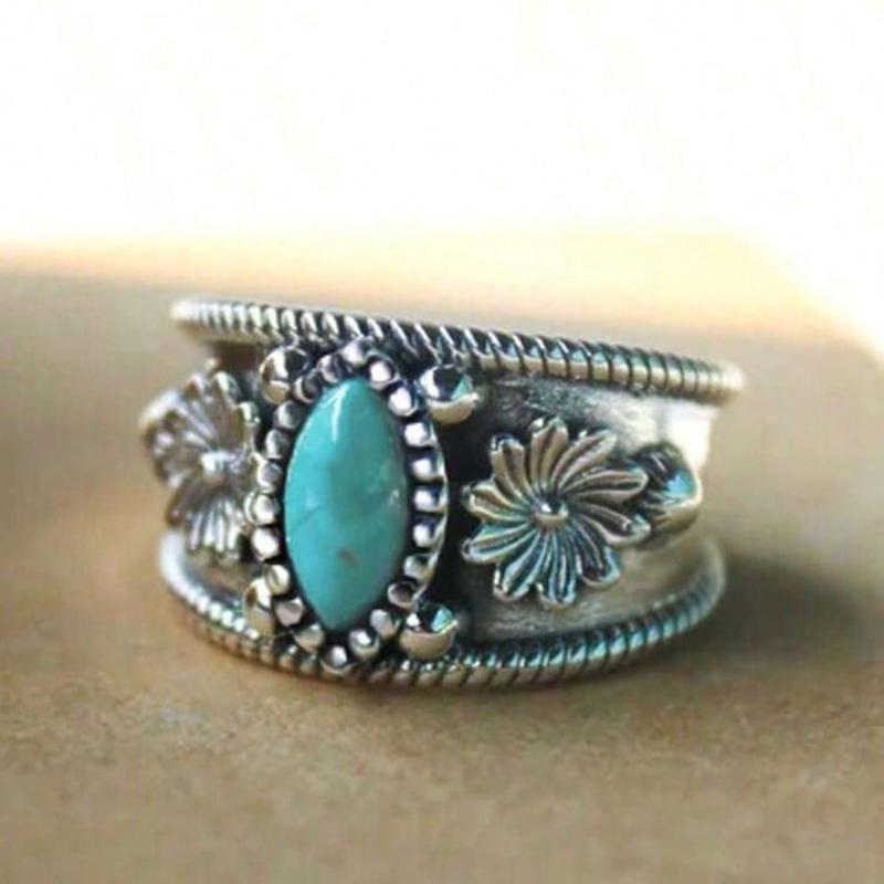 Bohemian Retro Carved Pattern Imitation Turquoise Wide Face Ring, Women's  Trendy Ethnic Style Holiday Accessory