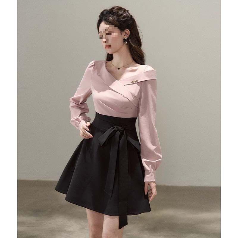 Summer new fake two pieces slanted shoulder early spring wear long-sleeved dress high waist thin a-word short skirt D8
