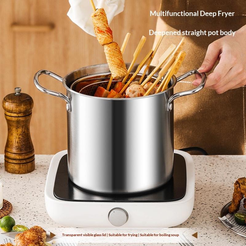 3.5L Deep Fryer Pot Stainless Steel Frying Pot With Mesh Steamer Basket With Glass Lid Kitchen Household Soup Pot Tool