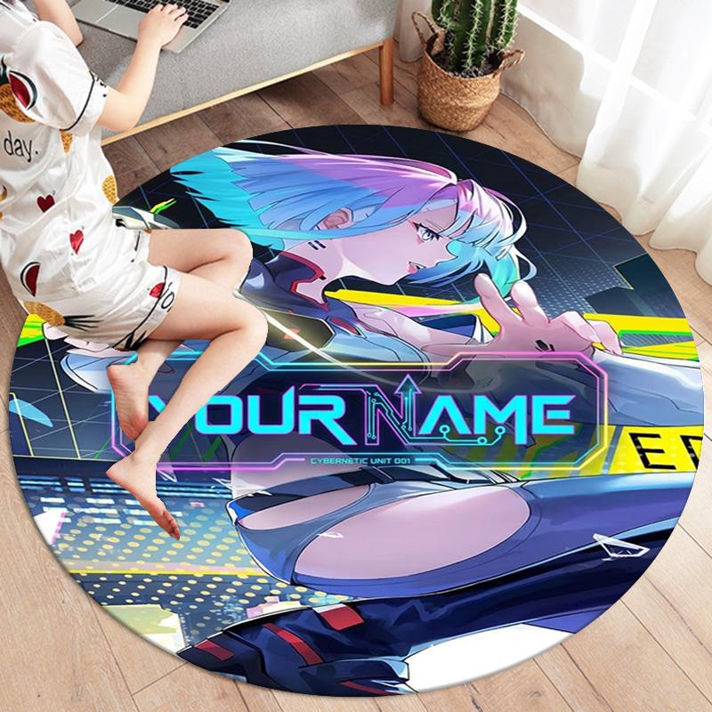 Cybernetic Future Heroine Custom Name Round Area Rug Carpet Rug For Living Room Bedroom Sofa Playroom Decor Nonslip Floor Mat