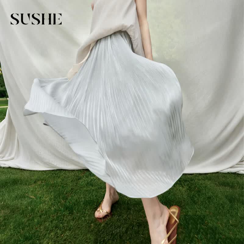 SUSHE Luminous Draped High-Waist Pleated Midi Skirt M