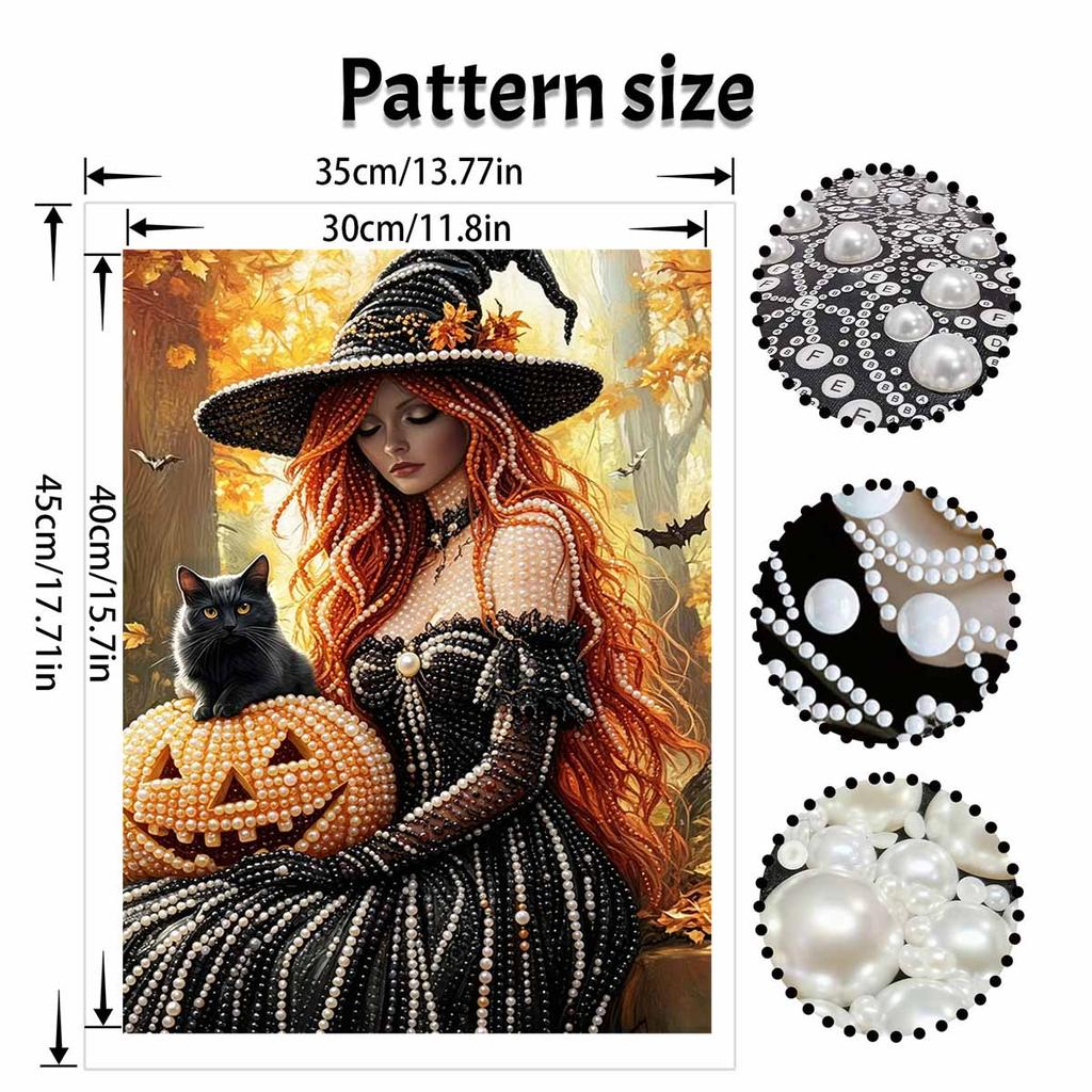 Halloween pearl painting art full pearl handmade diy home decorations witch with black cat and pumpkin ornament