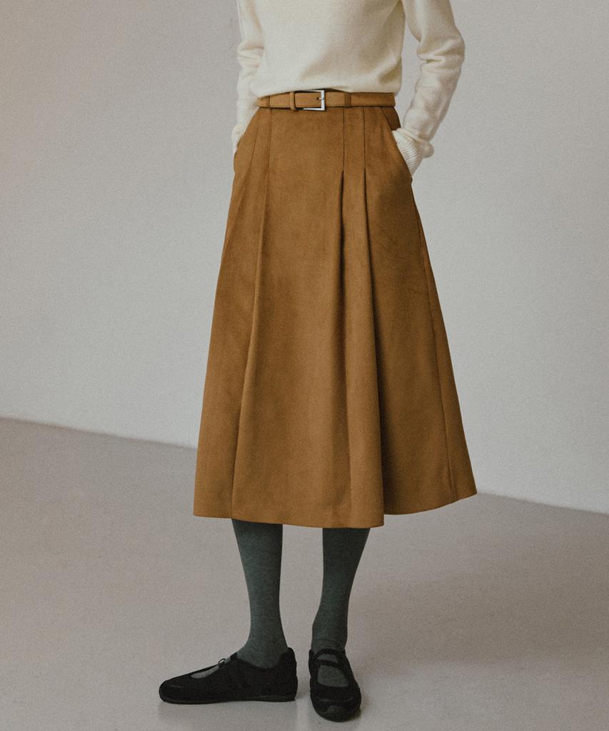 Left Seoul Synthetic Suede Flare Long Skirt [Camel]