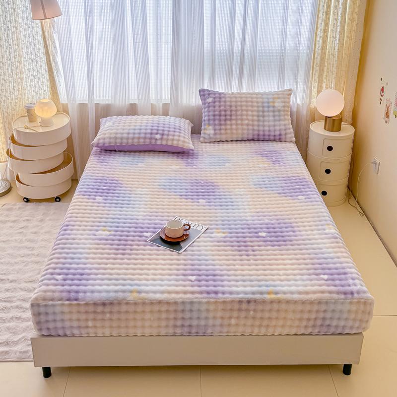 

autumn and winter new printed big bubble milk fleece fitted sheet three-piece set rabbit fleece mattress protective cover 120x200cm 3pcs