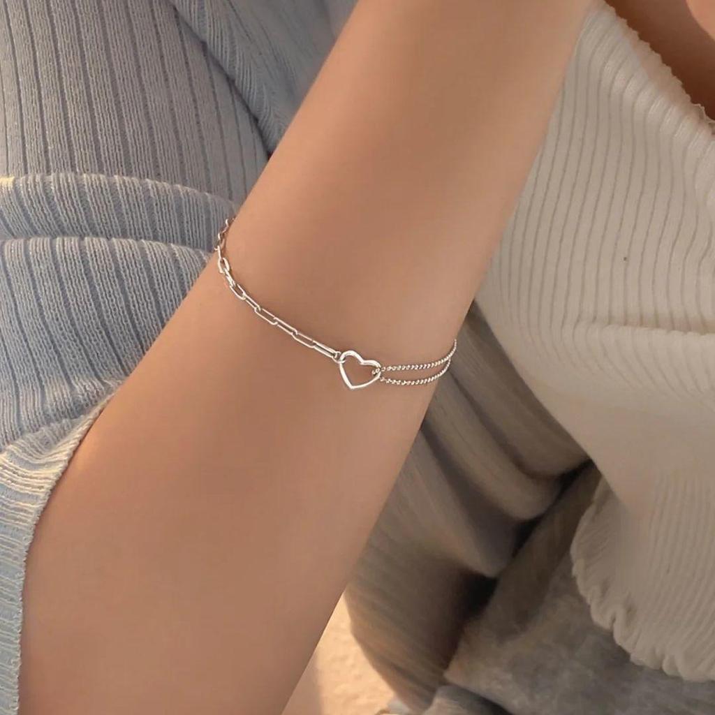 Korean-Style Hollow Silver Heart Bracelet: Double Layer, Simple and Fashionable