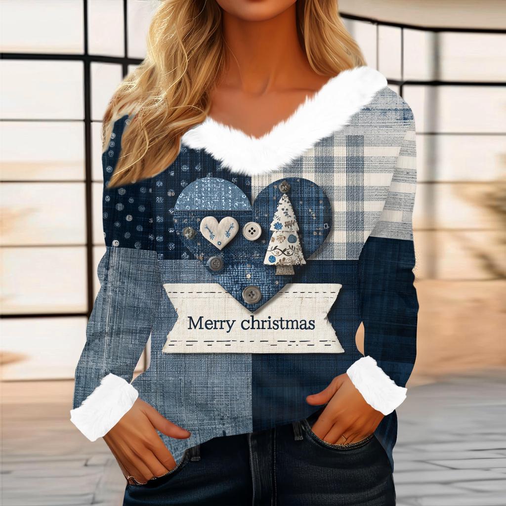 Women's Casual Fashion Long Sleeve Christmas Printed Flannel Collar Top
