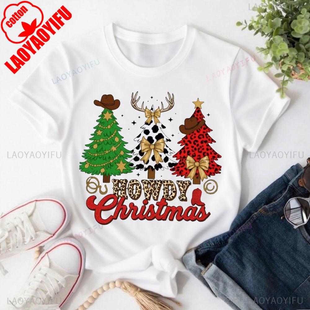 Howdy Christmas T Shirt Cowgirl Western Christmas Trees Tops Leopard Coquette Xmas Bow Tees High Quality Cotton Tops S