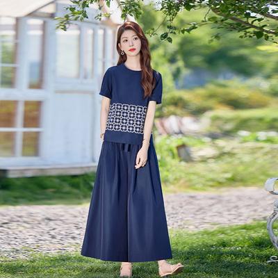 Casual Embroidery Suit Women's Summer New Design Short-sleeved Belly-covering Shirt Wide-leg Pants Two-piece Set