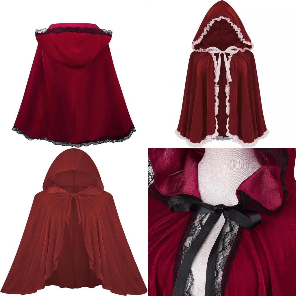 Elegante Mantello con Cappuccio in Velluto Rosso per Donna con Pizzo Arricciato e Bordi a Volant per Tutte le Stagioni