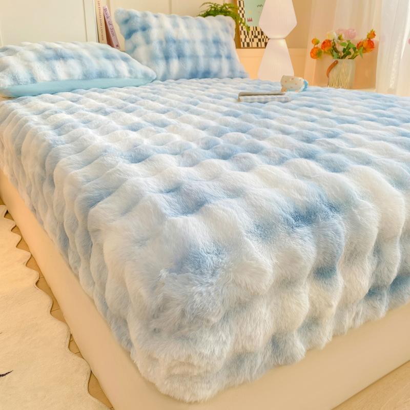 

Плюш, похожий на кроличий мех - Утолщенное зимнее покрывало на резинке, Нескользящий протектор для матраса - Мягкий пушистый чехол для кровати 200*220cm синий