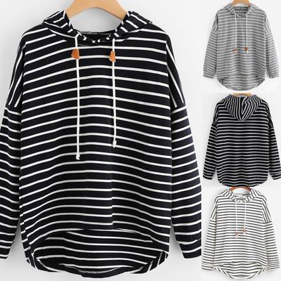 ThreeThree Women's Spring and Autumn Black and White Striped Loose Hooded Sweater Knitted Long-sleeved Pullover
