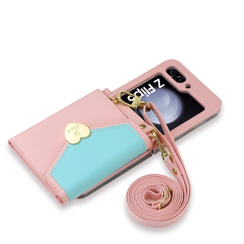 For Galaxy Z Flip 6 Case Dual Color Love Heart Crossbody Wallet Cards Slot Case For Samsung Galazy Z Flip 5 Flip 6 4 3 Cover