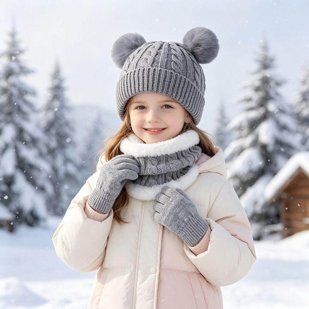 3Pcs/Set Winter Children Scarf Hat Gloves Set Plush Bonnet Gloves Kits Knitted Hats Scarfs Outdoor