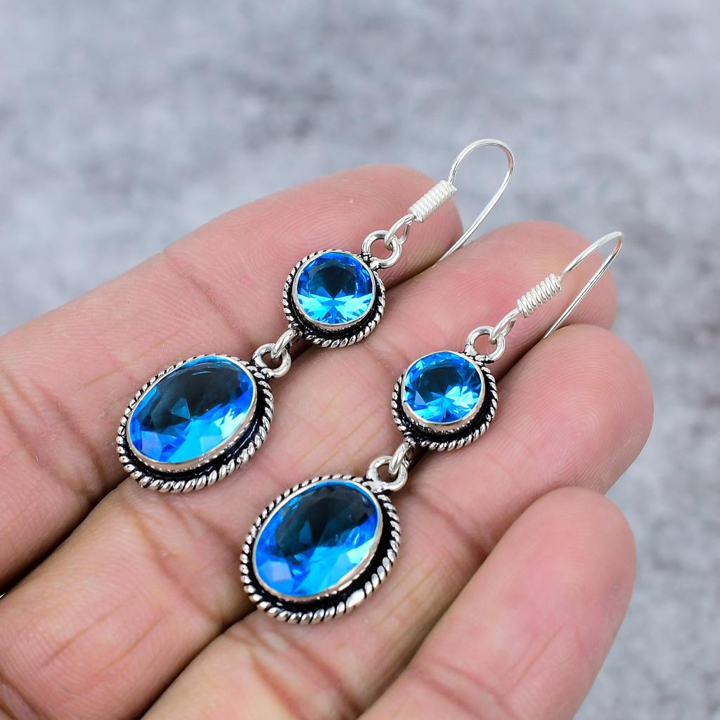 Swiss Blue Topaz Gemstone Handmade 925 Sterling Silver Earring 2.56" M-337