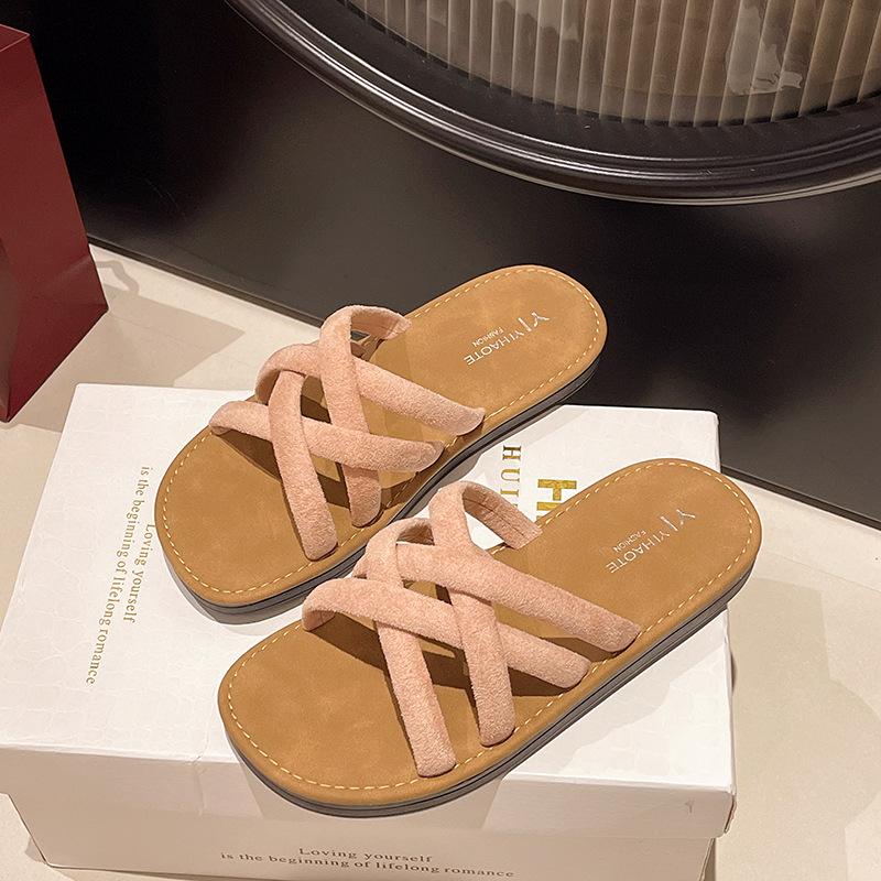 Roman one-word flat slippers women's wear non-slip versatile cool slippers beach summer spot style fashion